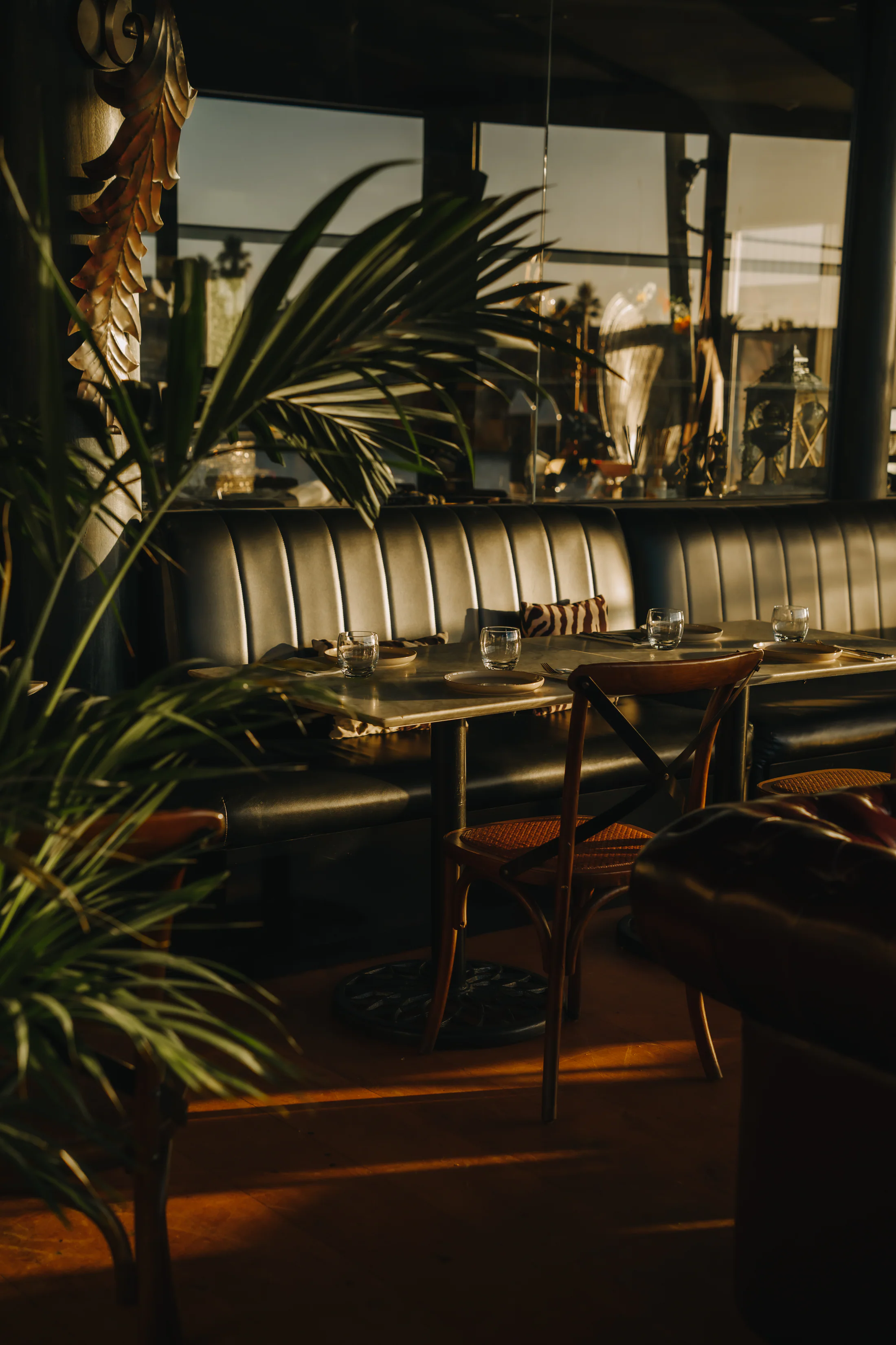 Warm evening light across a dining table inside Summer Restaurant